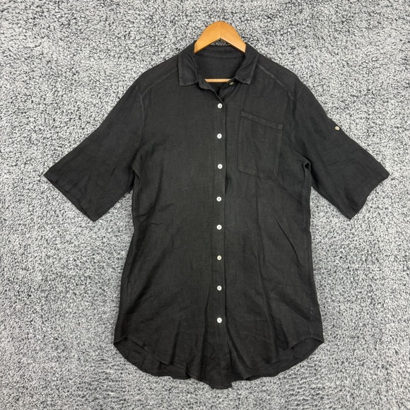 Tina Stephens Linen Shirt Dress Womens One Size 100% Linen Italy Roll Tab Sleeve - Picture 1 of 14